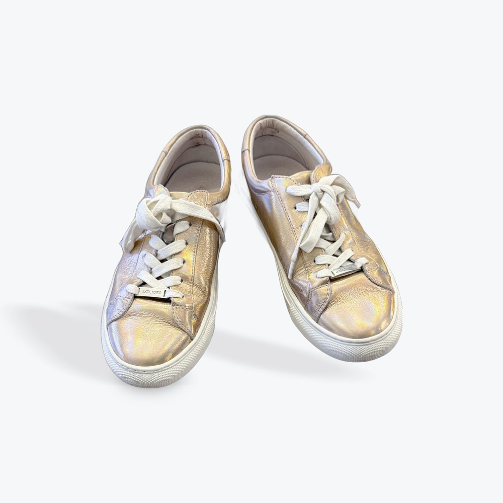 J/Slides NYC Rose Gold Iridescent Metallic Leather Sneakers Womens 6 Low Top